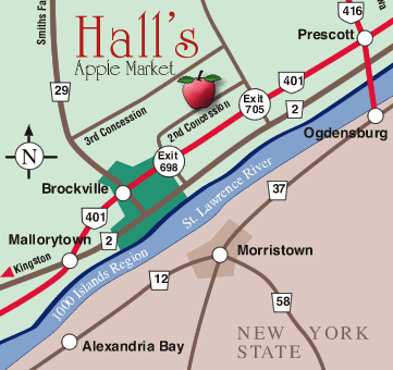 Map of the area: Hall's Apple Market is north of Highway 401 on 2nd Concession, between Exit 698 at Brockville and Exit 705 towards Prescott
