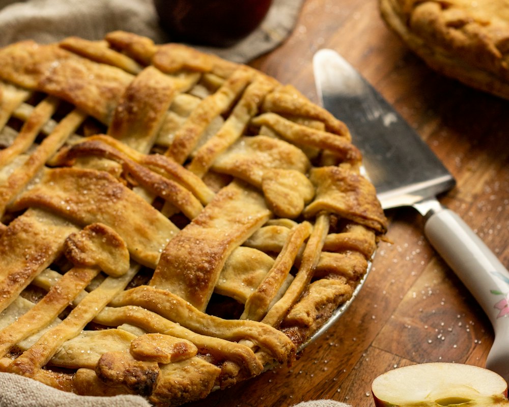 A deep-dish apple pie with a lattice crust
